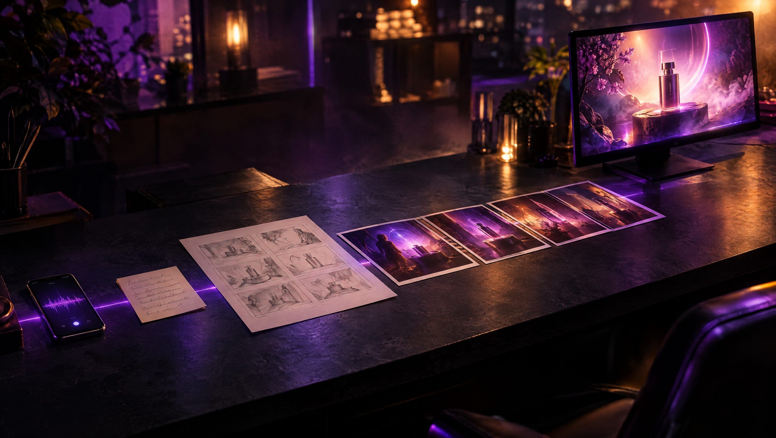 The same desk as finished work: generated scenes in violet and amber light, ending in a polished product frame on a monitor.