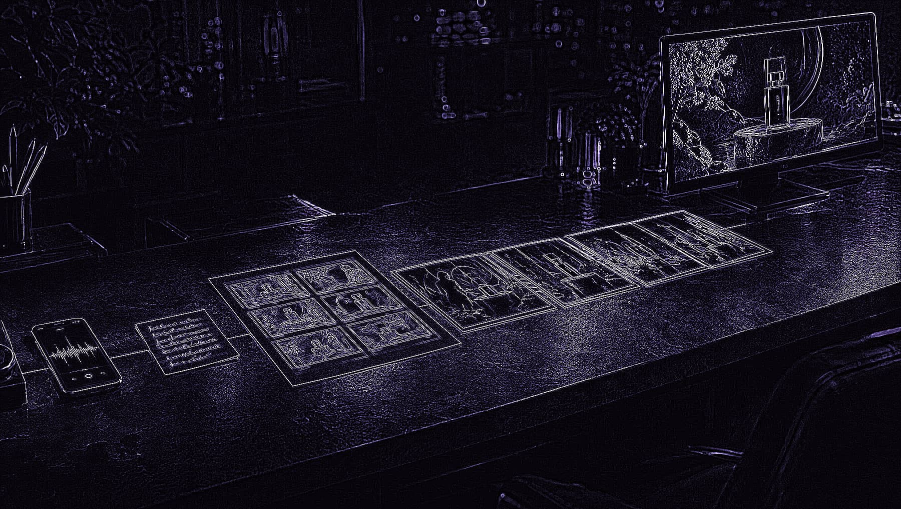 A pencil rendering of an AI video workflow laid out on a desk: a phone with a voice note, a brief card, a storyboard and a row of scene frames.
