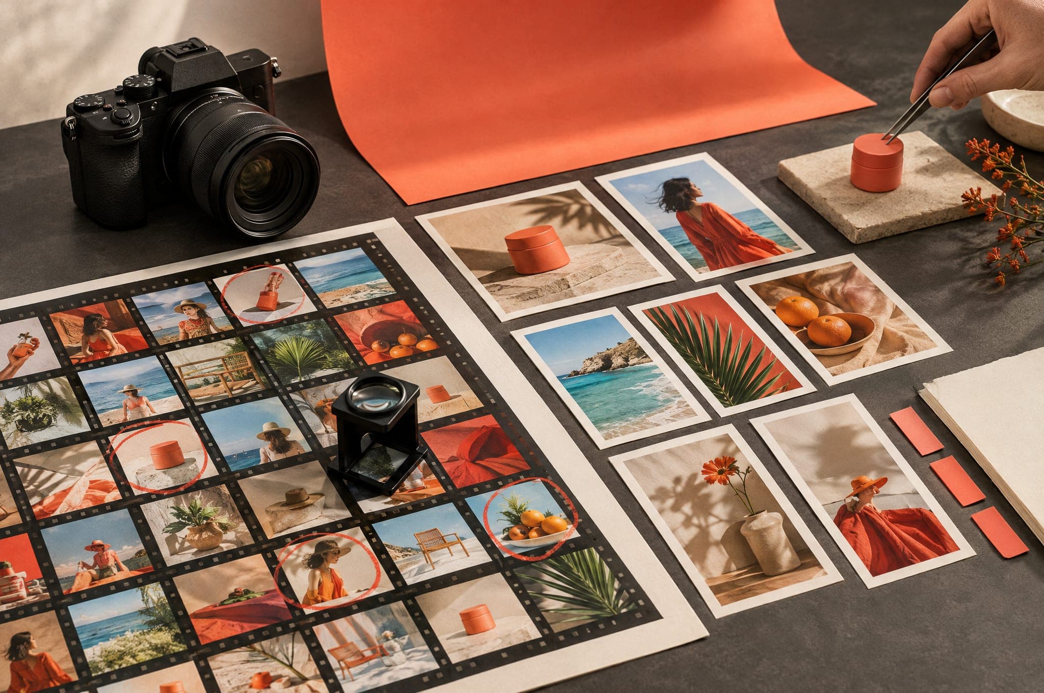 A content production table: a photographic contact sheet with selections circled in red, a loupe, social post prints and coral backdrop paper.