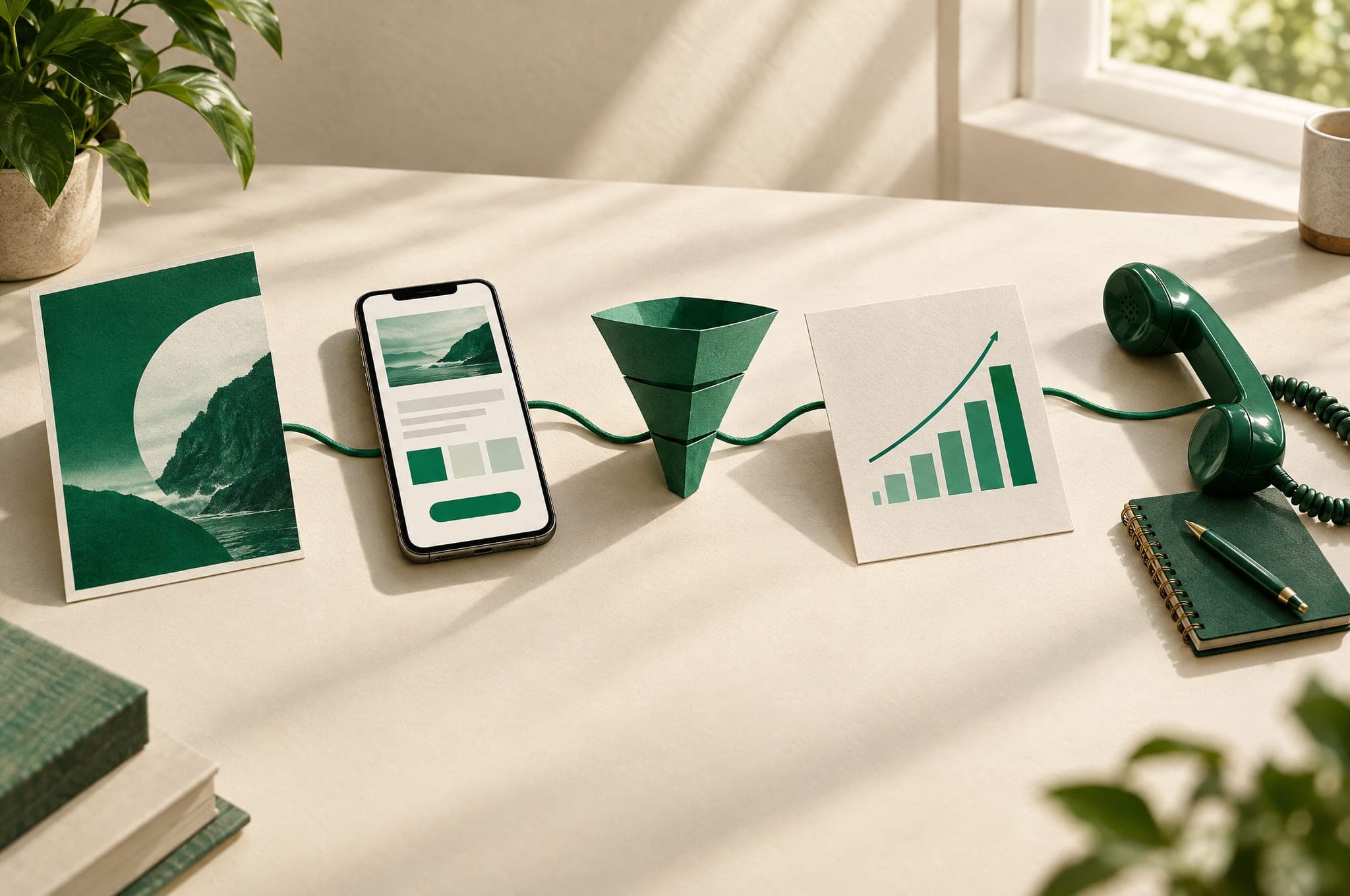 A campaign card, a phone landing page, a paper funnel, a results chart and a telephone handset joined by one green cord, showing the route from advert to follow-up.